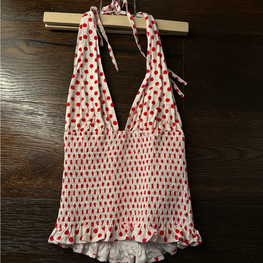 Peppermayo White Halter Tank Top with Red Polka Dots